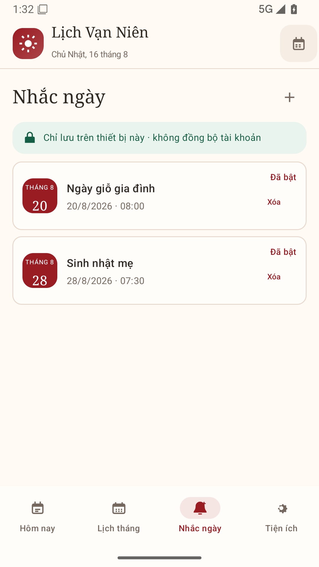 Màn hình nhắc ngày, danh sách các ngày quan trọng đã tạo
